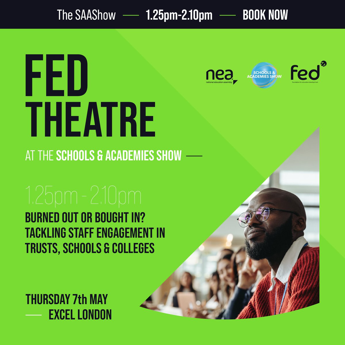 Fededucation's tweet photo. We have a day full of engaging conversations at the FED Theatre session, including 'Burned Out or Bought In? Tackling Staff Engagement.' 💬

For more information, and to register, visit: https://t.co/hmUUF7GbpJ

#NationalEducationAssembly #SchoolsAndAcademiesShow #FEDTheatre https://t.co/YUVFPk1s0g