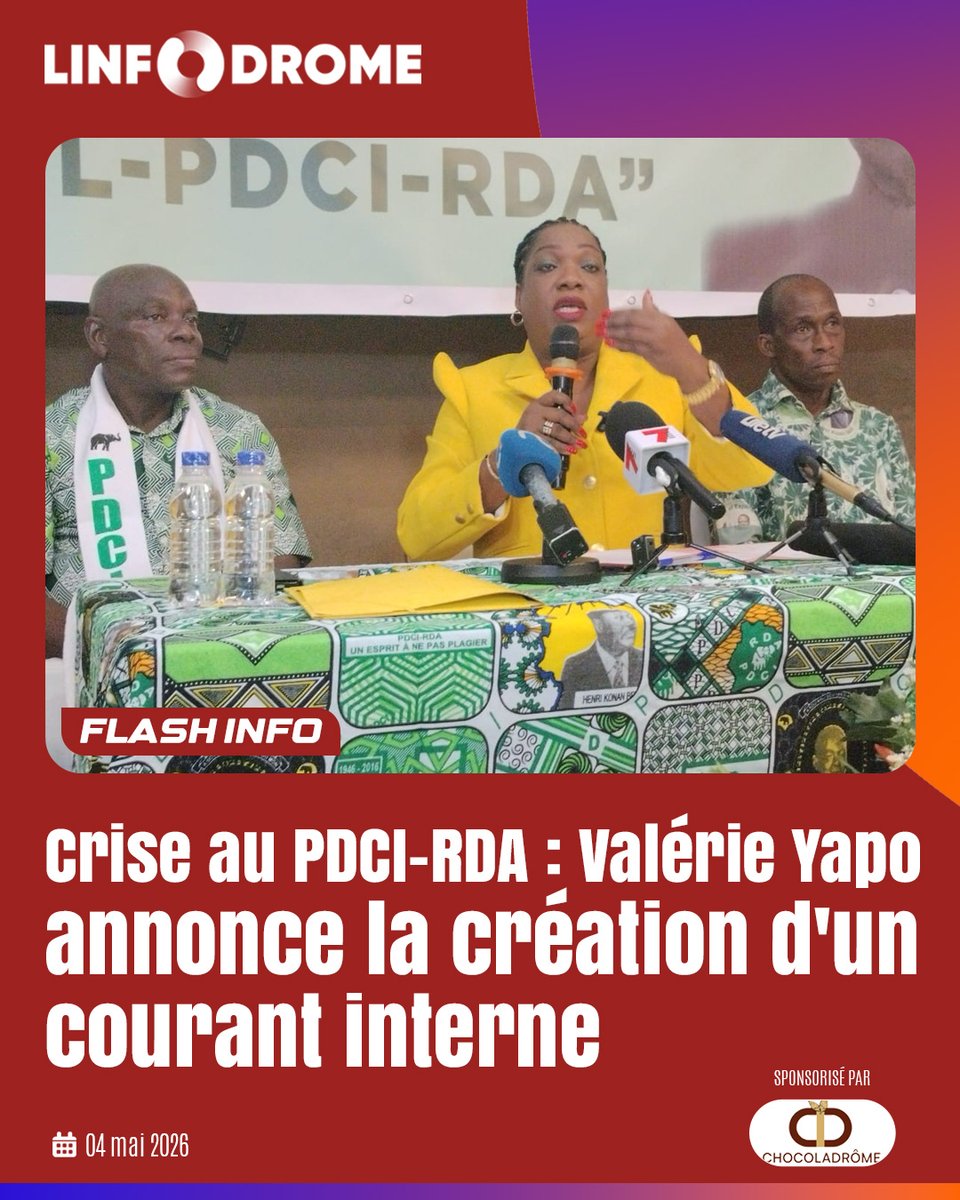 Linfodrome's tweet image. La crise au sein du PDCI RDA vient de prendre une nouvelle tournure significative. Valerie Yapo a annoncé ce lundi 04 mai 2026 la création d'un courant interne. 

#Linfodrome
