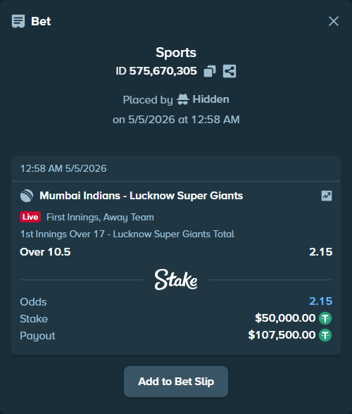 stakehighroller's tweet image. Someone just fired $50,000 on Mumbai Indians - Lucknow Super Giants.

Lift this play: stake.com/sports/home?ii…

#OneFamily #IPL #BettingTwitter