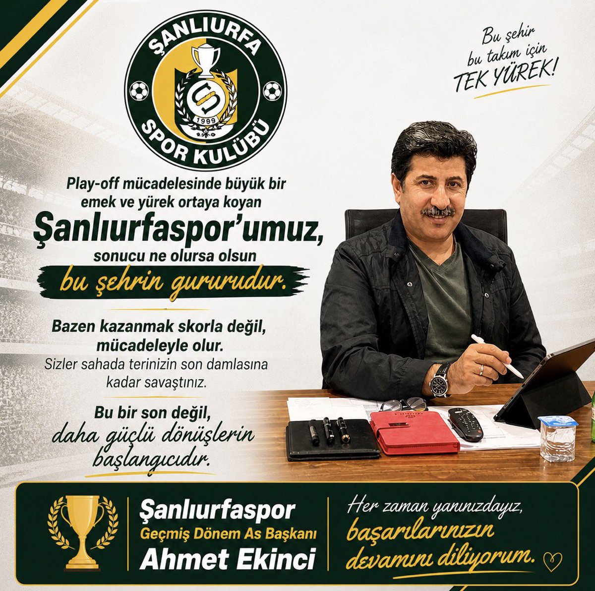 AhmetEkinci063's tweet photo. Sonuç ne olursa olsun, Şanlıurfaspor’umuz bu şehrin gururudur.

Her zaman yanındayız. 
#Şanlıurfaspor https://t.co/599gCq09S3