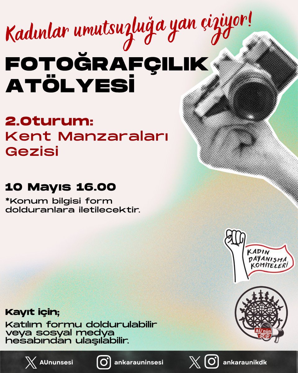 AUnunsesi's tweet photo. AÜ Tandoğan Kadın Dayanışma Komitesi "Umutsuzluğa Yan Çiziyoruz" başlıklı kampanyasında fotoğraçılık atölyesinin ikinci oturumu ile devam ediyor. 

Bu oturumda fotoğraf çekimlerine başlıyoruz. 

Katılım formu⤵️
https://t.co/P79zTh2ZGZ https://t.co/XqHptybZ9W