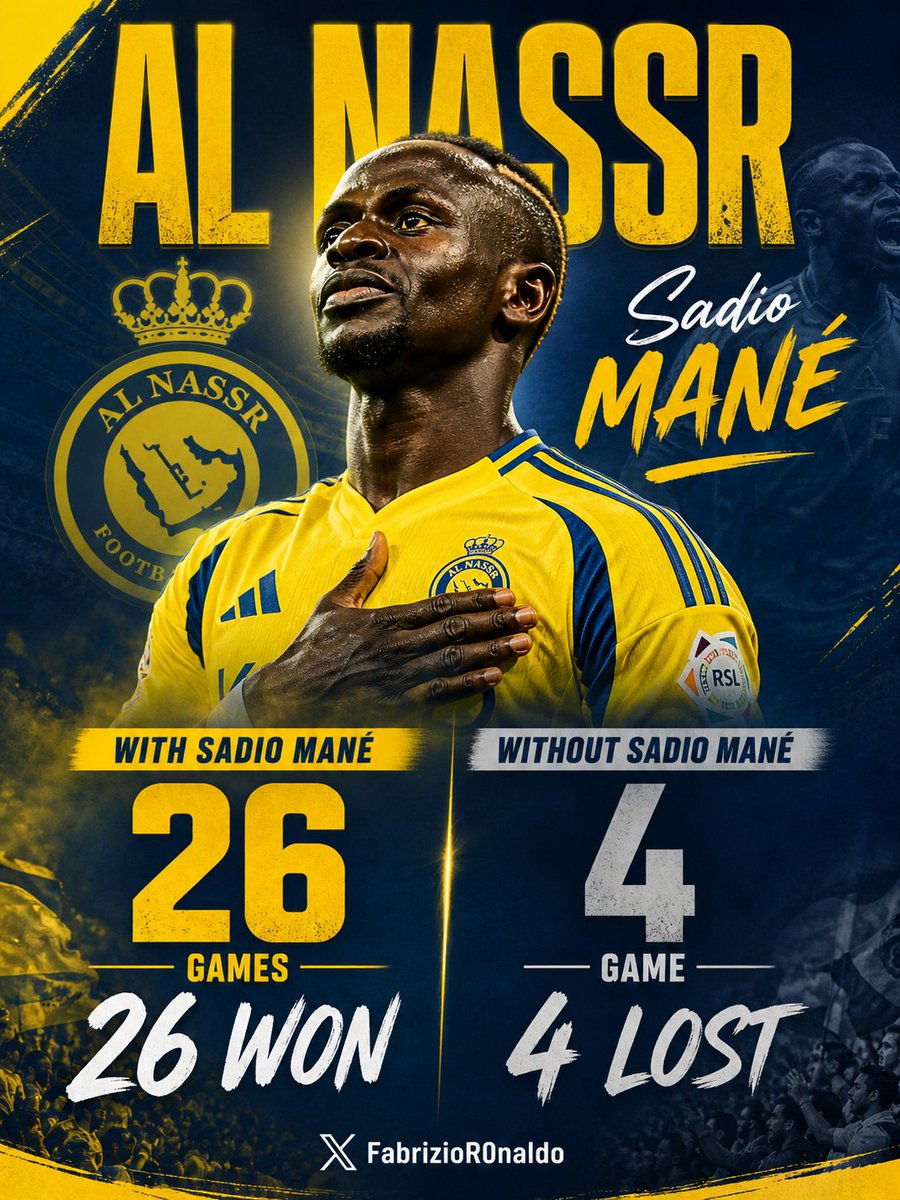 🚨 Sadio Mané effect in full force🔥
Al Nassr this season:
26: matches with Mané 26 wins ✅ 4: matches without him  4 losses❌

Every time he plays, they win. Every time he’s absent, they lose. 
Magical Mane 🔥