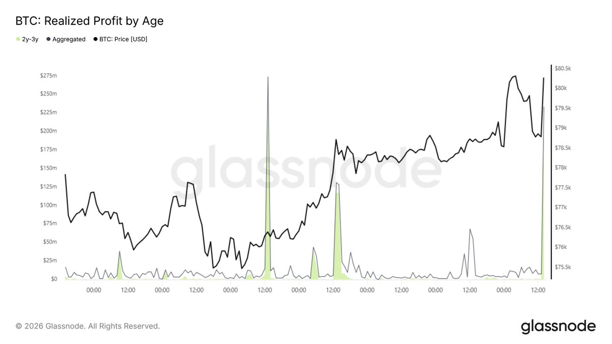 glassnode's tweet photo. As price spiked from $78k to $80k, the 2Y-3Y holder cohort, those who accumulated ahead of the ETF launch, ramped up profit-taking to over $209M/hr, realizing 60%-100% in gains.

Long-term holders are using this strength to exit into liquidity.

📉 https://t.co/1KKEPytSnO https://t.co/s3aAVCqmzF