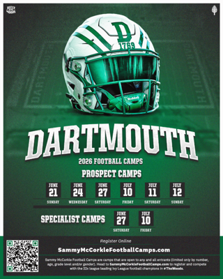 GagePWilson's tweet image. Grateful to receive a personal invitation to the Dartmouth Football Prospect Camp this summer from @CoachDaft. Excited for the opportunity to compete and learn from the coaching staff at one of the nation’s top programs.

@Coach_McCorkle @DartmouthFTBL 
#AGTG #IvyLeague