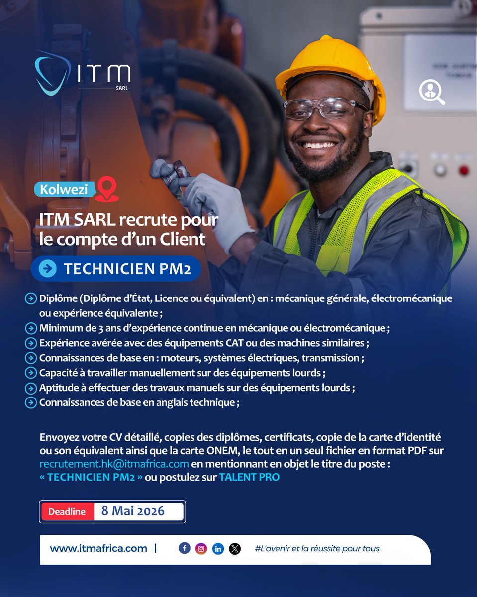ItmRdc's tweet image. À la recherche d’un nouvel élan pour votre carrière à Lubumbashi ?

ITM Sarl recrute : Magasinier, Directeur Technique, Chargée de recrutement et plus ! Postulez dès maintenant en envoyant votre CV à recrutement.hk@itmafrica.com

Date limite : 08 mai 2026.

#Jobfair #WeAreITM