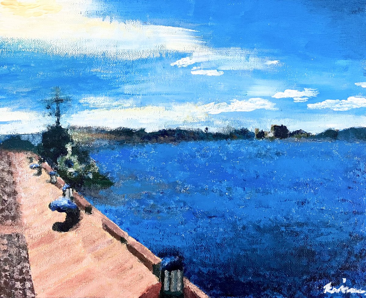 アンドレ　ボンジボー 青い海のミコノス 海　絵画 絵画 油絵 青い海のエーゲ海 ミコノス島 （滝川英彦） 【海・山