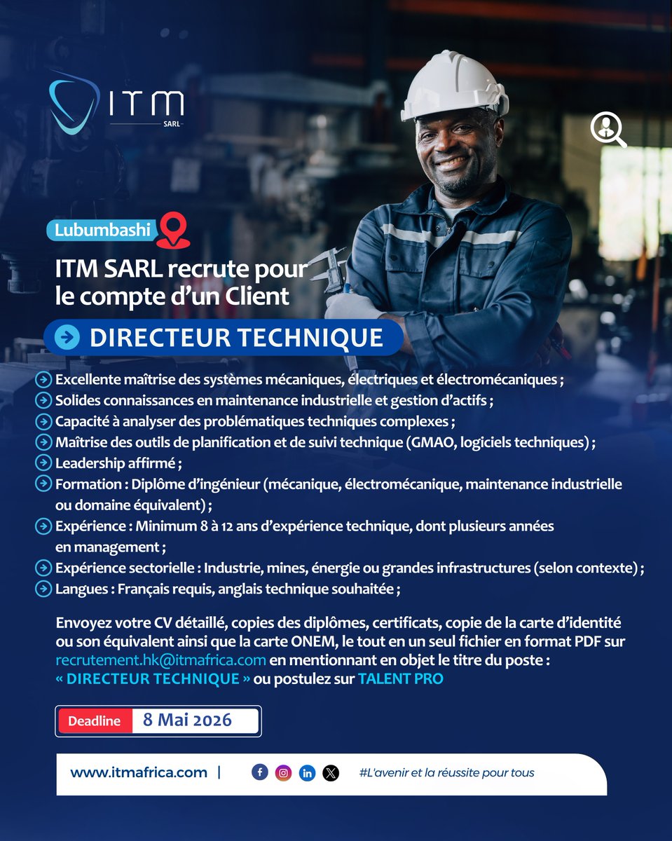 ItmRdc's tweet image. À la recherche d’un nouvel élan pour votre carrière à Lubumbashi ?

ITM Sarl recrute : Magasinier, Directeur Technique, Chargée de recrutement et plus ! Postulez dès maintenant en envoyant votre CV à recrutement.hk@itmafrica.com

Date limite : 08 mai 2026.

#Jobfair #WeAreITM