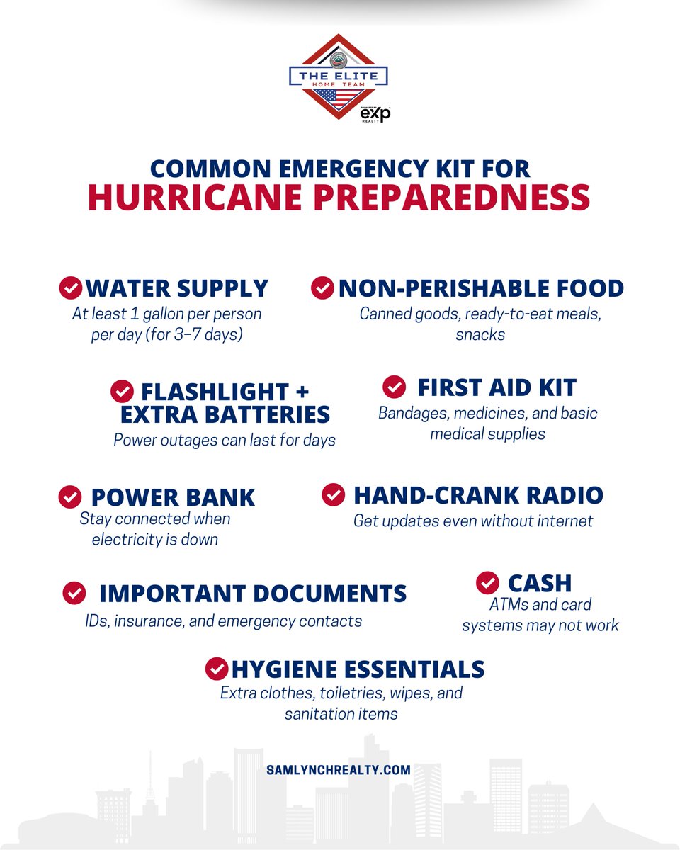 SamLynchRealtor's tweet photo. Most people don’t realize they’re unprepared until it’s too late…

Before the storm ever shows up, having your emergency kit ready can make all the difference.
A little preparation now helps you avoid stress, confusion, and last-minute scrambling when things get serious.

Get ahead, stay organized, and make sure you’re ready long before the weather changes.

Sam Lynch | Veteran | REALTOR®
The Elite Home Team by eXp Realty
Email: sam@lynchconquests.com
Phone: (910) 941-8541
Website: https://t.co/VC24cC1Zkn

#HurricanePrep #EmergencyKit #StormReady #PreparedNotPanicked #HurricaneSeason #HomeSafety #SmartPlanning #SamLynchRealtor #TheEliteHomeTeam #Winning
