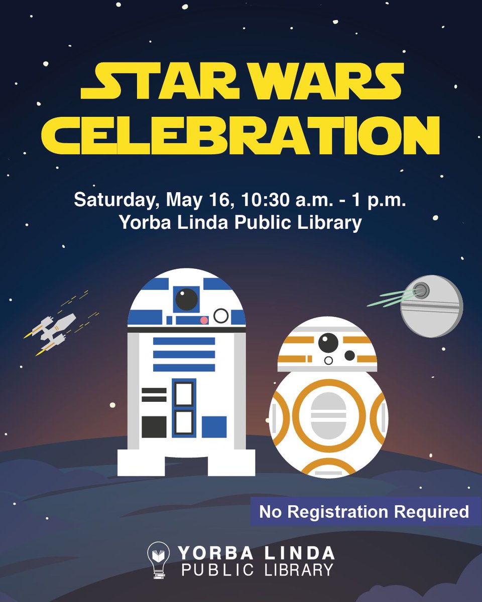 yllibrary's tweet photo. 💫 Step into a galaxy far, far away and celebrate Star Wars! 
📅 Saturday, May 16, 10:30 a.m. - 1 p.m.
📍 Yorba Linda Public Library
🎨 Enjoy epic crafts, games, and photo opportunities with your favorite Star Wars characters. 
🌟 For Jedi of all ages

#MayThe4thBeWithYou https://t.co/VOtAPN1A9O