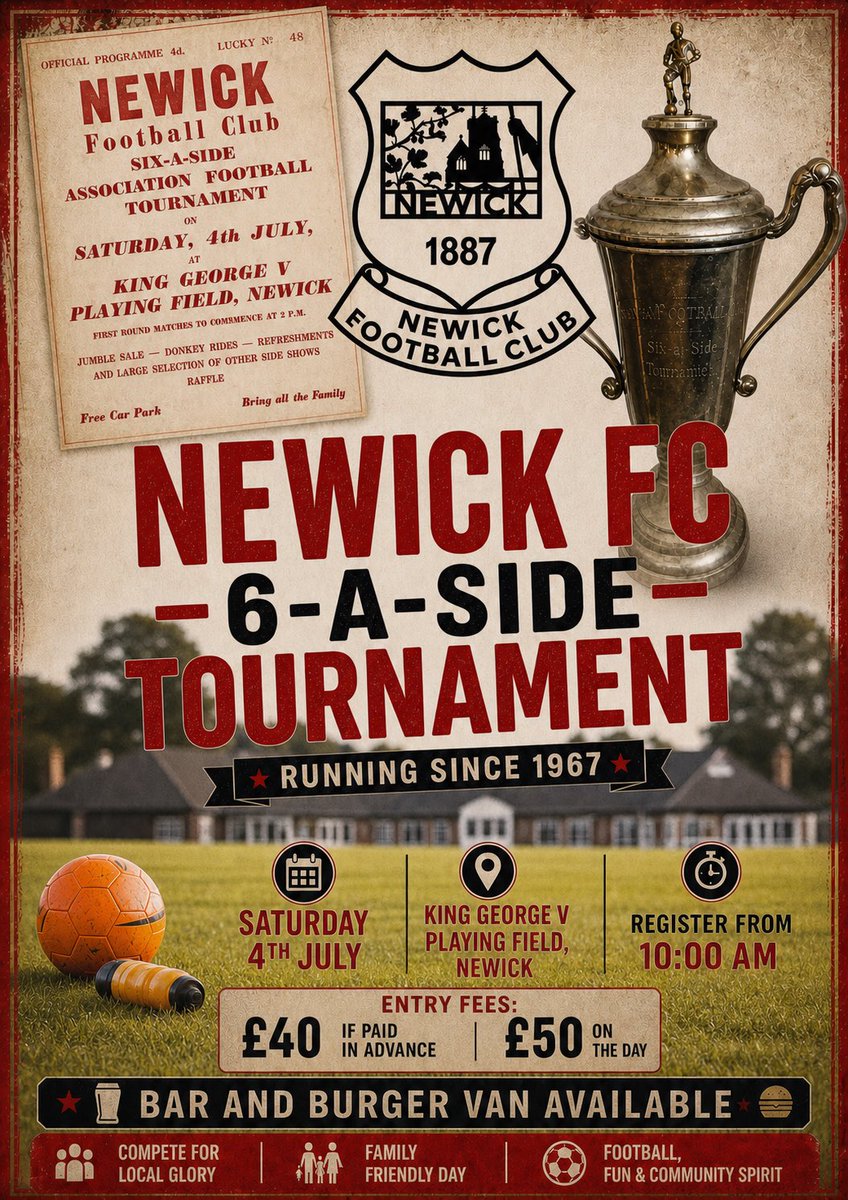 NewickFC's tweet photo. Entries are now OPEN for our annual 6-a-side tournament – and with no England game on the day, there’s no excuse not to get involved!

📅 Saturday 4th July 📍 King George V Playing Field, Newick ⏰ Register from 10:00am

👉 Enter your team now: https://t.co/ah2maKTyb2 https://t.co/djaVoGs0ce