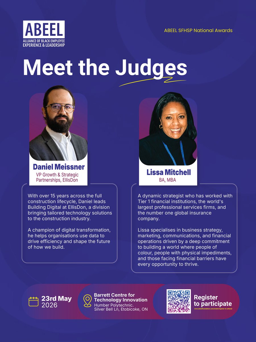 abeelfoundatn's tweet image. We are excited to introduce our second pair of judges for the ABEEL Debate Competition at our Shaping the Future Awards National Event 2026 

We are honoured to welcome @Lissa and @Daniel to the judging panel. 
Two industries. Two perspectives. 

#ABEEL #Canada #SFA