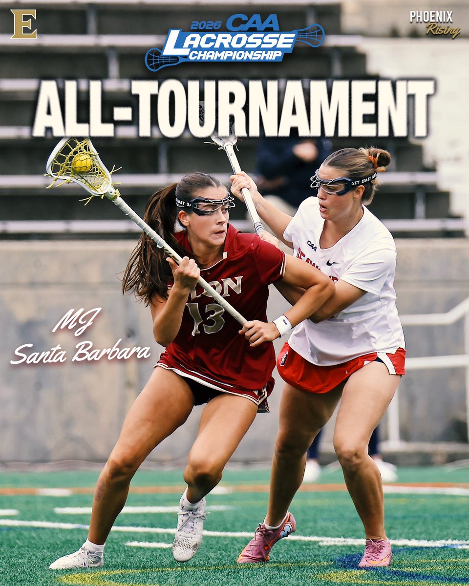ElonWLAX's tweet image. Career highs and All-Tournament selections for Caitlin and MJ! 👏

Congrats to Caitlin (16 saves) and MJ (4 goals) for landing on the CAA All-Tournament Team! 🔥

#PhoenixRising | #EUWLAX