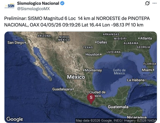 Ultrapuebla's tweet image. 🌎 Sismo en #Oaxaca, sin percepción en #Puebla

El @SismologicoMX reportó un sismo preliminar de magnitud 6 a 14 km al noroeste de Pinotepa Nacional. En Puebla no fue perceptible, por lo que no se activaron alertas en algunos celulares.
