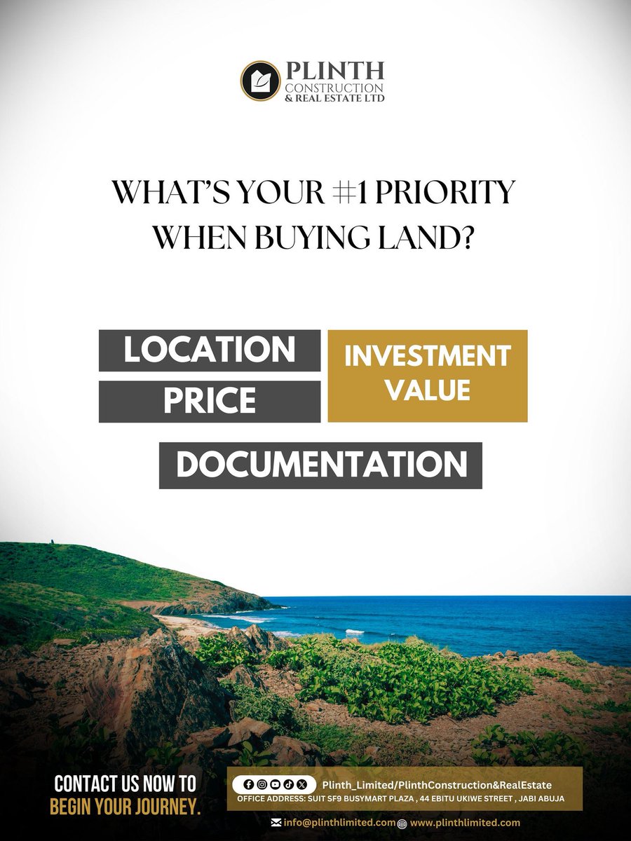 Plinth_limited's tweet image. What’s your #1 priority when buying land? 🤔 Location, Price, Investment Value or Documentation?
Choose wisely… it matters more than you think.
📞 +234 901 354 4130 #RealEstateNigeria #LandInvestment