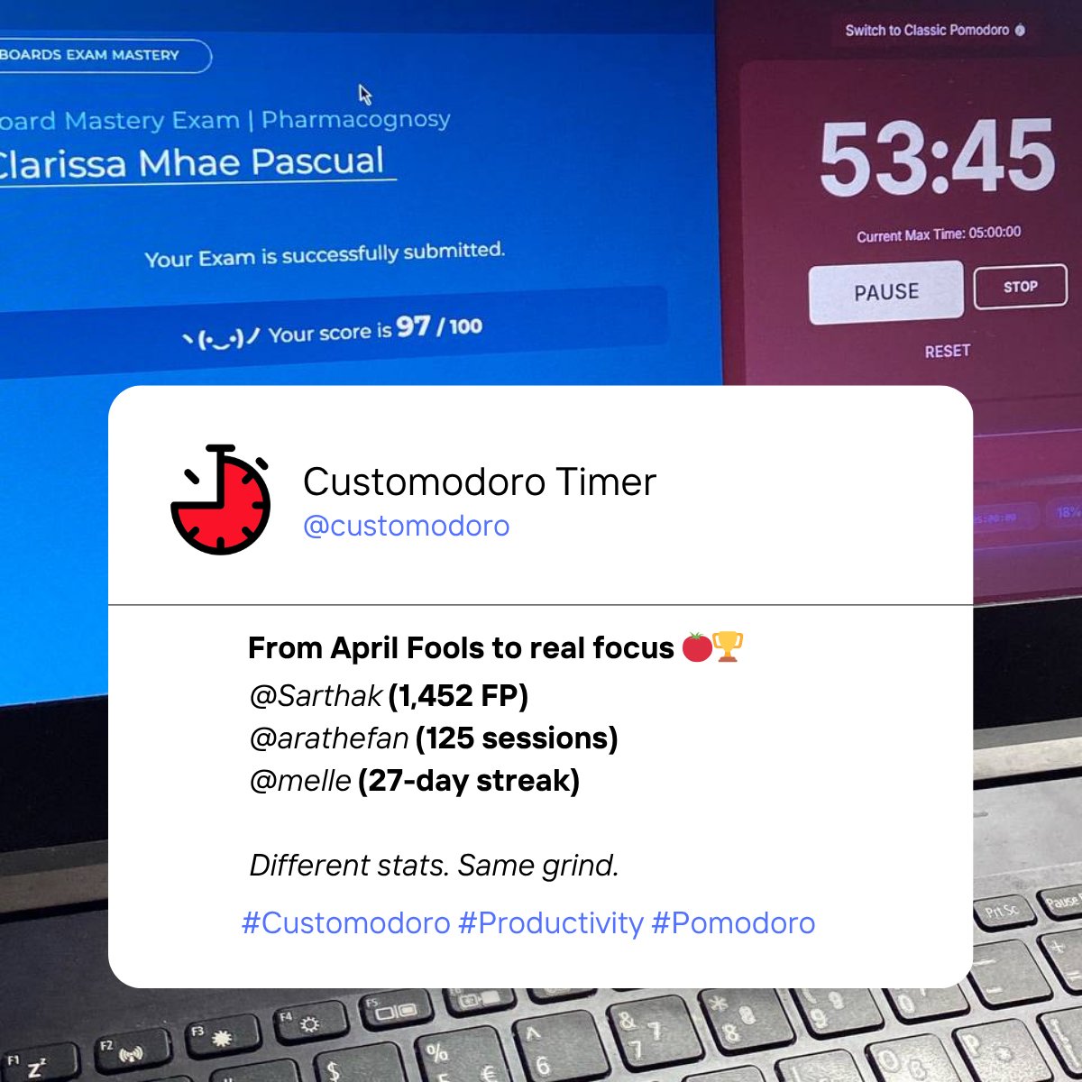 customodoro's tweet image. 𝐀𝐩𝐫𝐢𝐥 𝐅𝐨𝐨𝐥𝐬 𝐢𝐧𝐭𝐨 𝐫𝐞𝐚𝐥 𝐟𝐨𝐜𝐮𝐬🍅🏆

🏅 @𝐒𝐚𝐫𝐭𝐡𝐚𝐤 — 2,201 Focus Points
🏅 @𝐚𝐫𝐚𝐭𝐡𝐞𝐟𝐚𝐧𝐠𝐢𝐫𝐥 — 154 sessions
🏅 @𝐦𝐞𝐥𝐥𝐞 — 17-day streak

Congrats to our winners! 

#Productivity #Focus #Consistency #Pomodoro #Customodoro #Flowmodoro