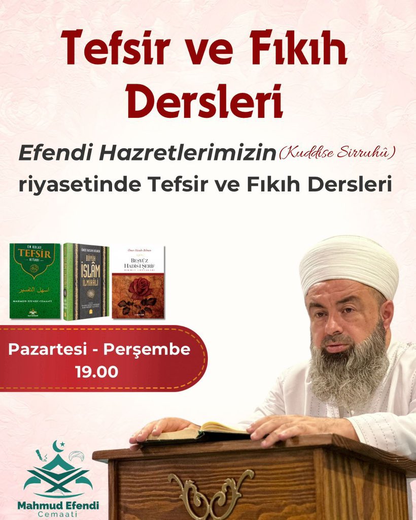*TEFSİR VE FIKIH DERSLERİ*

*Efendi* *Hazretlerimizin* riyasetindeki dersimiz Pazartesi ve Perşembe günü saat 19:00’da Mahmut Efendi cemaati Merkez binası toplantı odasında yapılacaktır