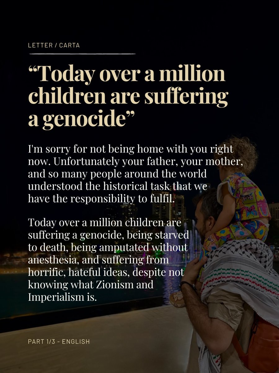 _undertherubble's tweet photo. ❤️From inside prison, Thiago dictated this letter to his lawyer:

“Dear Teresa,
I’m sorry for not being home with you right now.

Unfortunately your father, your mother, and so many people around the world understood the historical task that we have the responsibility to fulfil.

Today over a million children are suffering a genocide, being starved to death, being amputated without anesthesia, and suffering from horrific, hateful ideas, despite not knowing what Zionism and Imperialism is.

I’m sure you miss me too much and all the mothers and fathers of Palestinian children also miss them so much and would give anything to live a life of love, happiness, and joy that every human being deserves, independently of race, religion, ethnicity or any other characteristic.

Your world will be safer because many parents decided to give everything to build this better world for you.

I hope someday you understand that because I love you so much there was nothing more dangerous for you and for other children than living in a world that accepts genocide.

Please remember your father as the person that would sing to you and play the guitar for you to sleep. 

And when you grow up your mom will also tell you that your father was a revolutionary and that even when facing the most horrific people alive - Donald Trump, Benjamin Netanyahu, and Itamar Ben-Gvir - he stood firm to the belief of building a better world.

Please do not forget Palestine!

With all my love,
@thiagoavilabr .”