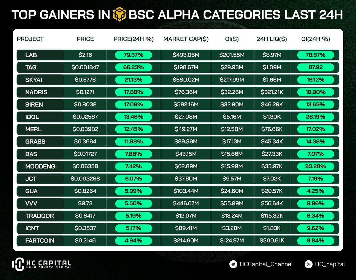 hc_capital's tweet image. 🚀 THE #BSC ALPHA WAVE IS UNSTOPPABLE! 🌊

The 24H data is in, and the #BNBChain Alpha category is absolutely cooking. We are seeing a massive surge in both price action and Open Interest (OI), signaling heavy institutional and retail rotation. 💎🔥

🔥 TOP GAINERS PERFORMANCE: