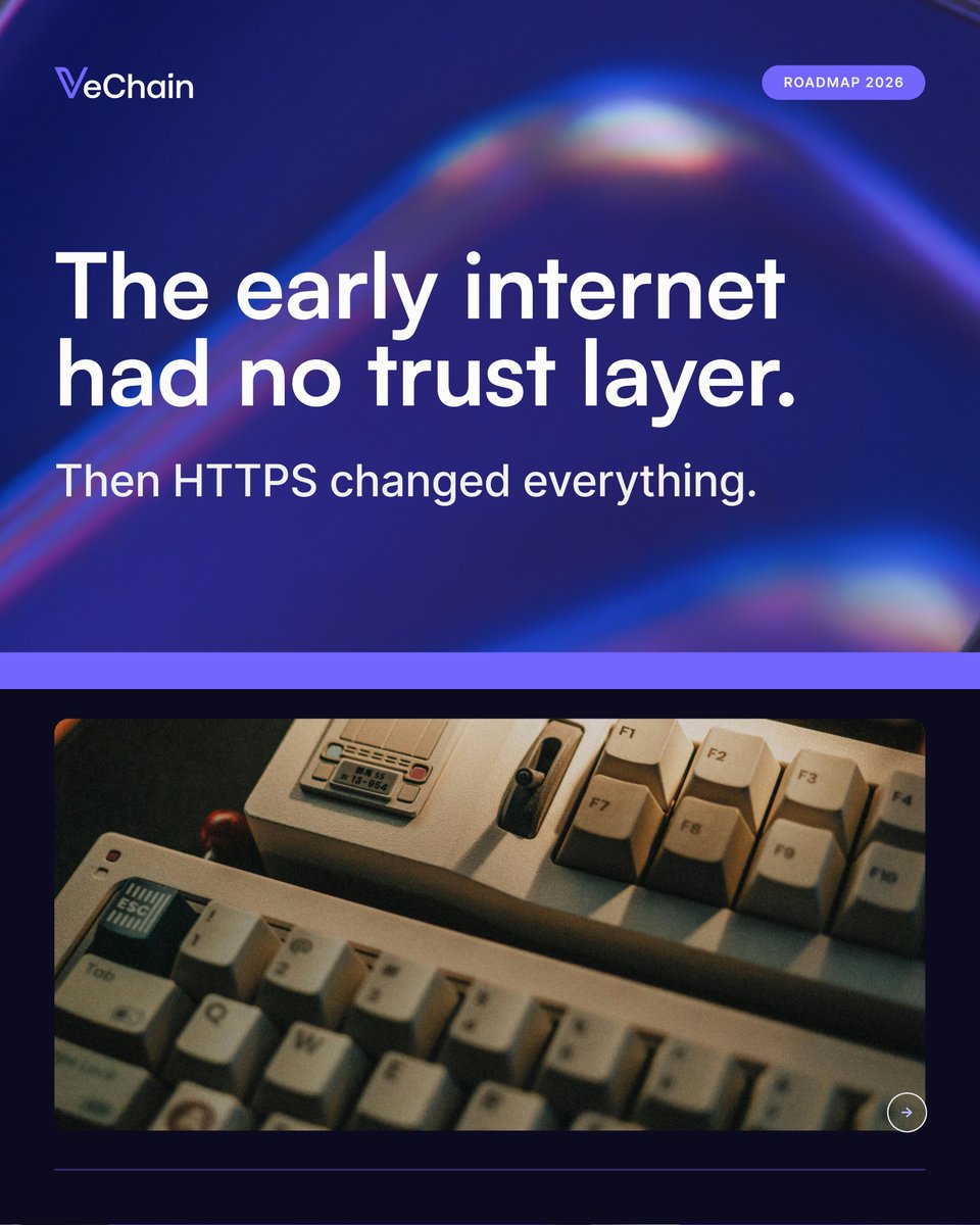 Every major technology eventually needs a trust layer.

The early internet had none, until HTTPS made it possible.

AI is at the same point. Billions of agents are coming, and they will need a trust layer to verify identity, transact, and move value.

VeChain's 2026 roadmap, with