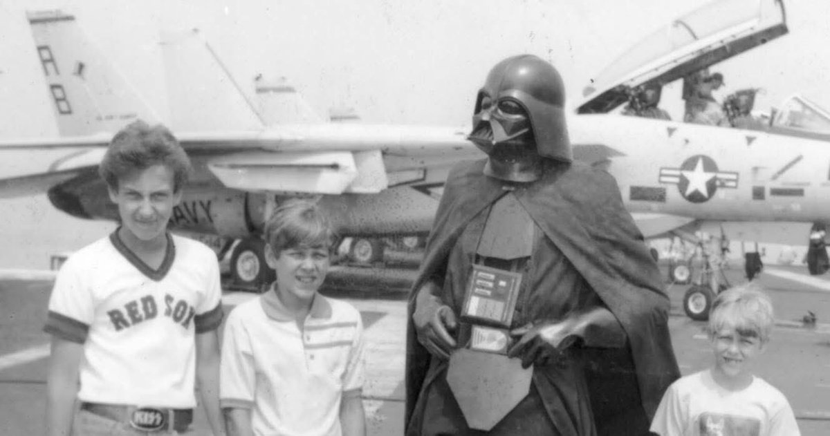 ParksStep3's tweet photo. A picture was taken of me in the cockpit of an F-14 in my Vader outfit, but I can’t find it. This one will have to do. USS JOHN F. KENNEDY Tiger Cruise, Summer of 1978. https://t.co/k4GxICzySU
