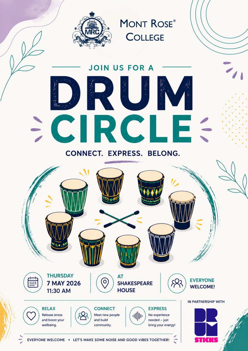montroselondon's tweet image. 🥁 Drum Circle at MRC
Relax. Connect. Express.
📅 7 May | 11:30 AM
📍 Shakespeare House
No experience needed!
#MRC #StudentLife #MontRoseCollege