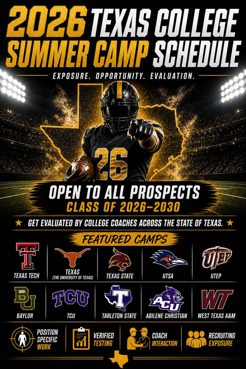 CoachWhiteDB1's tweet photo. 2026 Texas College Summer Camp Schedule 🏈 

Get in front of college coaches across the state.

Exposure. Opportunity. Evaluation.

🖇️ https://t.co/GmU3nAAK2j https://t.co/bkNgNiH28J