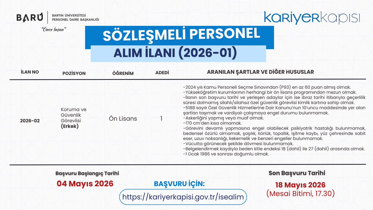 PDB_BARU's tweet photo. Üniversitemiz birimlerinde görev almak üzere Koruma ve Güvenlik Görevlisi pozisyonunda sözleşmeli personel alımı yapılacaktır. 

Son başvuru tarihi: 1️⃣8️⃣ Mayıs 2026 

🔹Başvuru için ➡️ https://t.co/P2SUDDvbNK 

🔹Detaylı bilgi için➡️
https://t.co/KsnT93cHYK https://t.co/uEm4dv8qb6