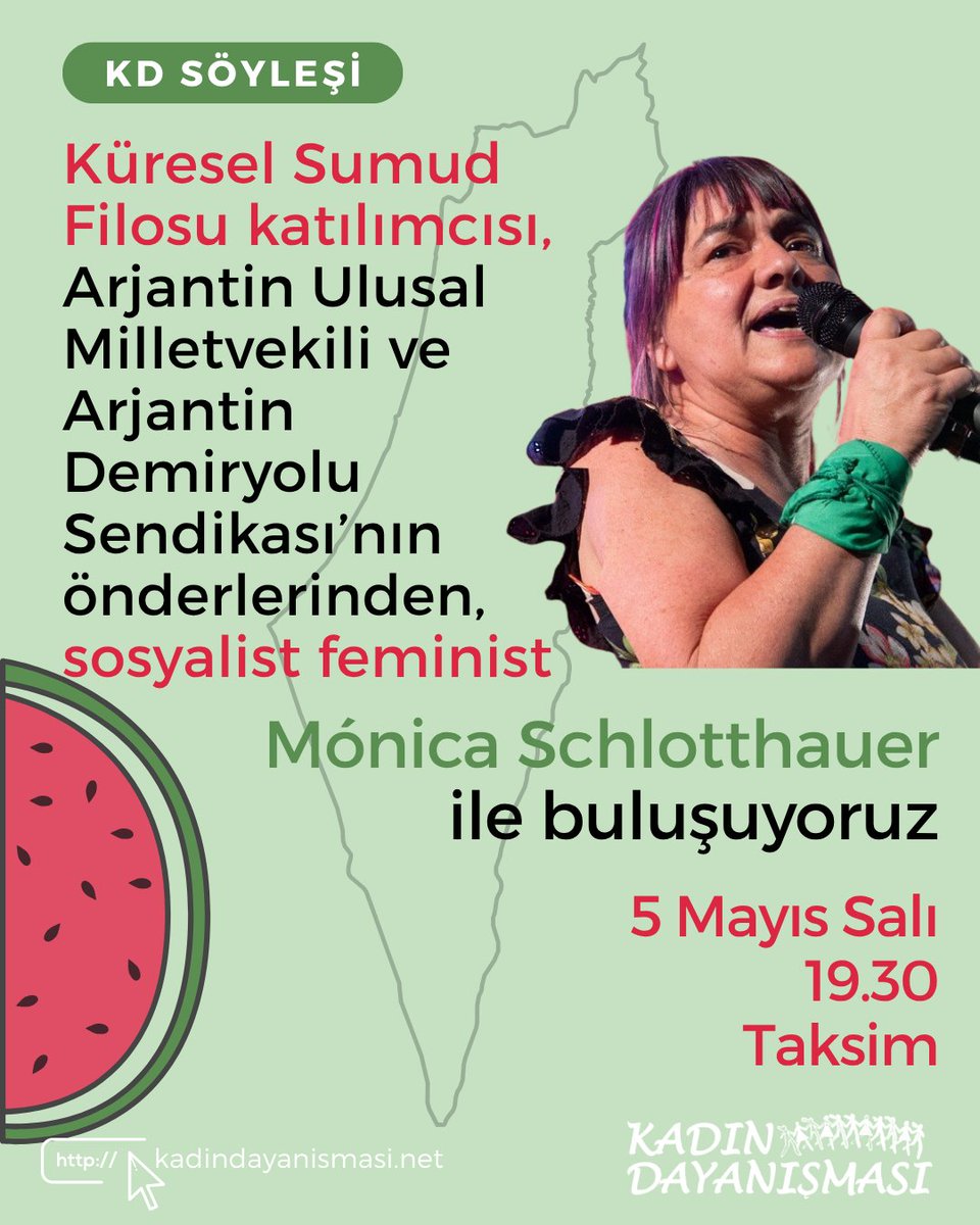 KDayanismasi's tweet photo. Yarın akşam Küresel Sumud Filosu katılımcısı Monica Schlotthauer ile buluşuyoruz!

Aynı zamanda Arjantin Ulusal Milletvekili ve Arjantin Demiryolu Sendikası'nın önderlerinden olan Monica ile Filistin ve feminist mücadele üzerine konuşacağız.

Katılım için mesaj gönderebilirsiniz. https://t.co/89t7ihjUym