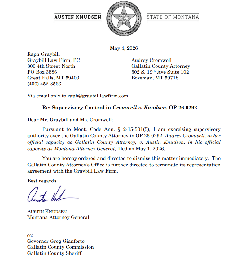 SeabornLarson's tweet image. Thurs: Montana AG invokes supervisory control over Gallatin County Attorney's Office to open records to ICE

Fri: Gallatin CA asks MT Supreme Court to block the AG

Mon: Still in supervisory control, AG directs Gallatin CA to dismiss her own SupCo filing

#mtnews