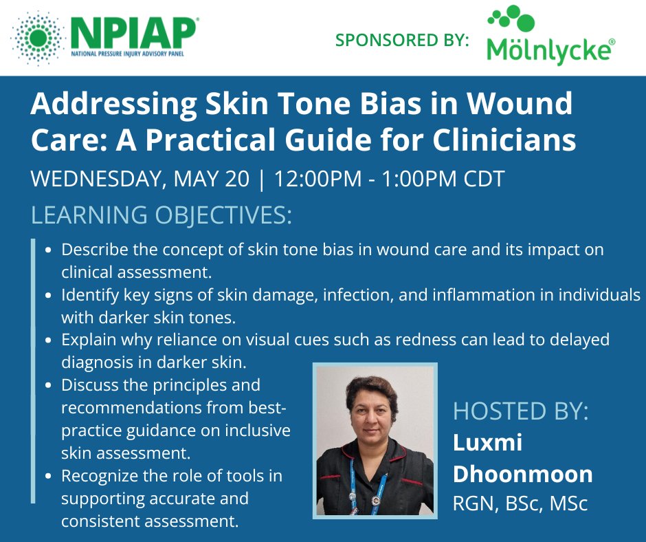 TheNPIAP's tweet photo. Join us for another NPIAP webinar on May 20!  This session will explore the critical issue of skin tone bias in wound care and its impact on accurate assessment, timely diagnosis, and patient outcomes.

Register today: https://t.co/westqv7sld

Sponsored by Mölnlycke Health Care. https://t.co/YbZtZNf2zQ