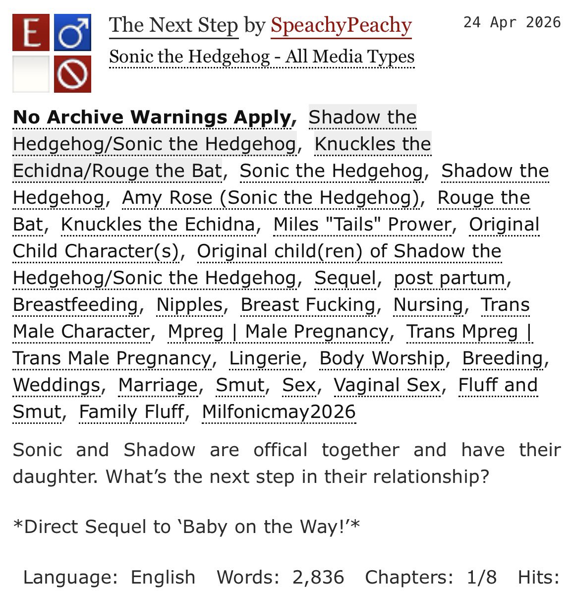 speachypeachy's tweet photo. #milfonicmay2026 by @1010joules 
Day One: Nursing/Tit Fuck

Here is my submission… a nsfw continuation of my submission for preg sonic week 😅 I reccomend reading my fic ‘Baby on the Way!’ First!!!

https://t.co/SKrKTJlDSR

#sonadow #sonadowfankid https://t.co/thQAVZuJLM