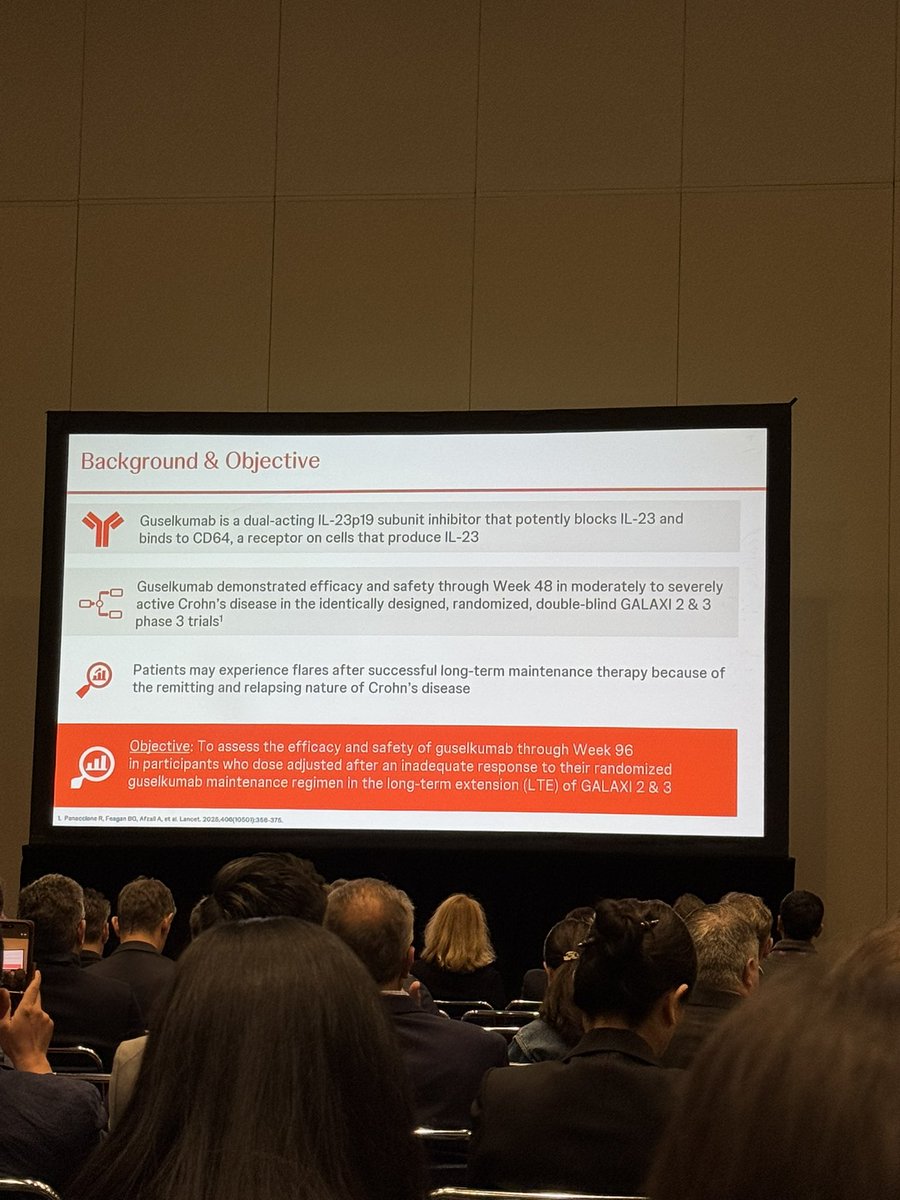 VoiceForIBD's tweet photo. In the GALAXI 2 &amp; 3 LTE, GUS 200 q4w dose adjustment was evaluated for #CD pts with inadequate response. Maintenance dose adjustment to guselkumab 200 mg q4w may benefit patients with Crohn's disease who experience inadequate response to guselkumab 100 mg q8w 👍🏼 #DDW2026 https://t.co/3S51u7g41U