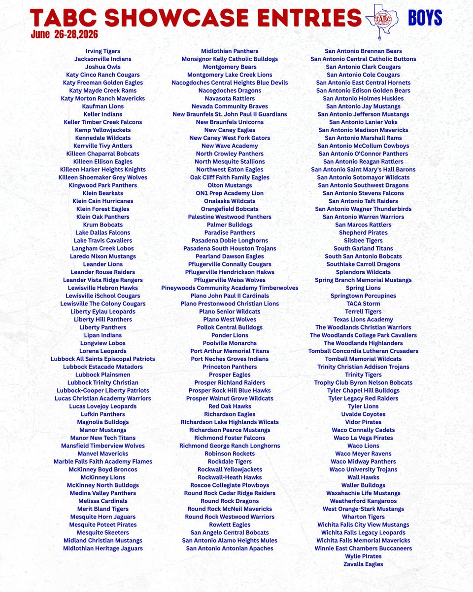 The Boy's TABC Showcase Team List Is Growing!

Sign-Up Now for Our June 26-28 Event
tabchoops.org/tabc-boys-show…

(Committed Team List As Of This Morning 5.4)