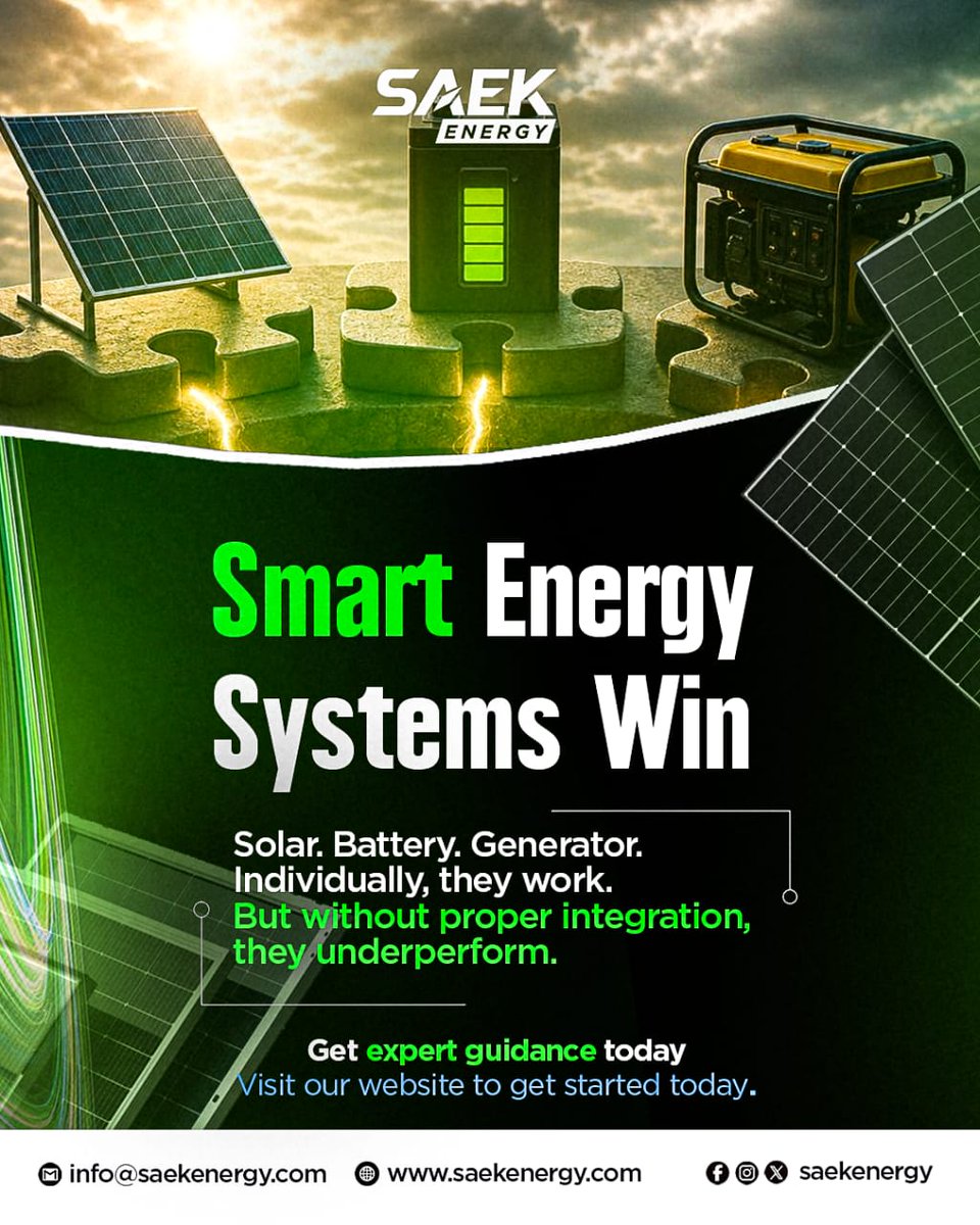 Saekenergy's tweet image. Without proper integration, systems underperform.

Smart energy systems are designed not assumed.

Talk to SAEK Energy today

#Energy #Power #AfricaEnergy #SmartEnergy #SAEKenergy