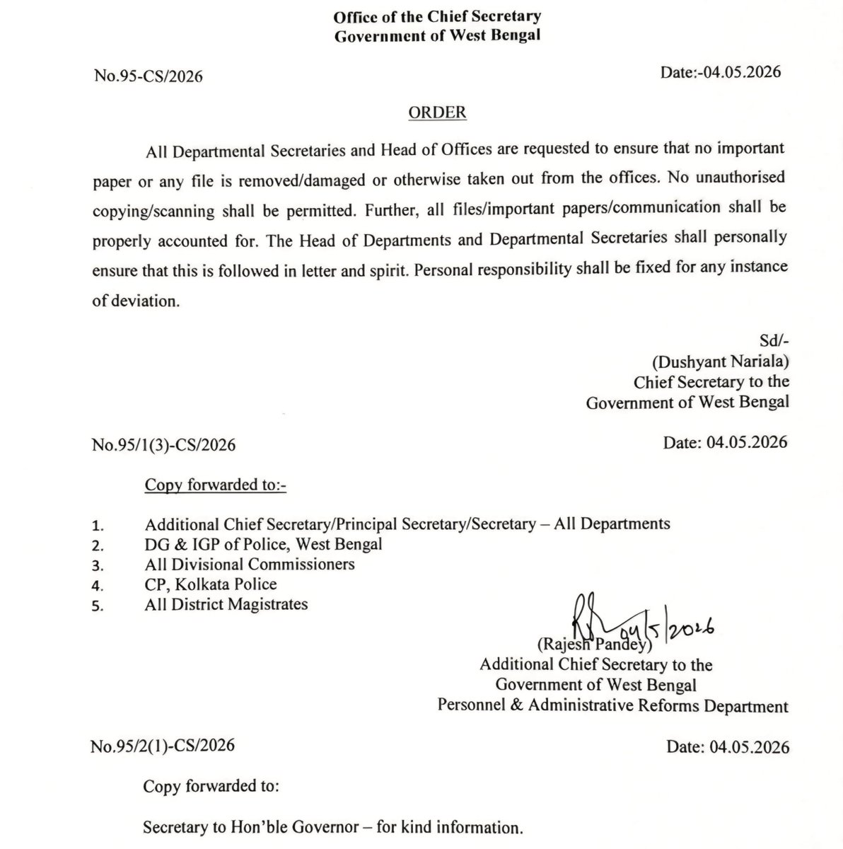 Unnikgs's tweet photo. West Bengal Chief Secretary has issued an order to all department secretaries and heads of offices to ensure that no important papers or files are removed, damaged, or taken out of government offices.

The order comes amid the CRPF has taken over the Secretariat office buildings and assumed security control of files and systems.

This development is significant given the past instances of mysterious fires in various state government offices, in which key files related to government tenders and contracts were allegedly destroyed.

#WestBengalLegislativeAssemblyelection2026 #ElectionResult_2026 #BJP #electionresult2026 #HimantaBulldozedCongress #VoteCounting #Round4 #AmitShah #Nifty #StockMarketIndia #Finish #TheStatesmanMandate #FinishTheJobNow #SuvenduAdhikari #BJP4Nation #NarendraModi #Bengal_TamilNadu_Assam #ElectionResults2026 #BengalResults #TMCvsBJP #ElectionCommission