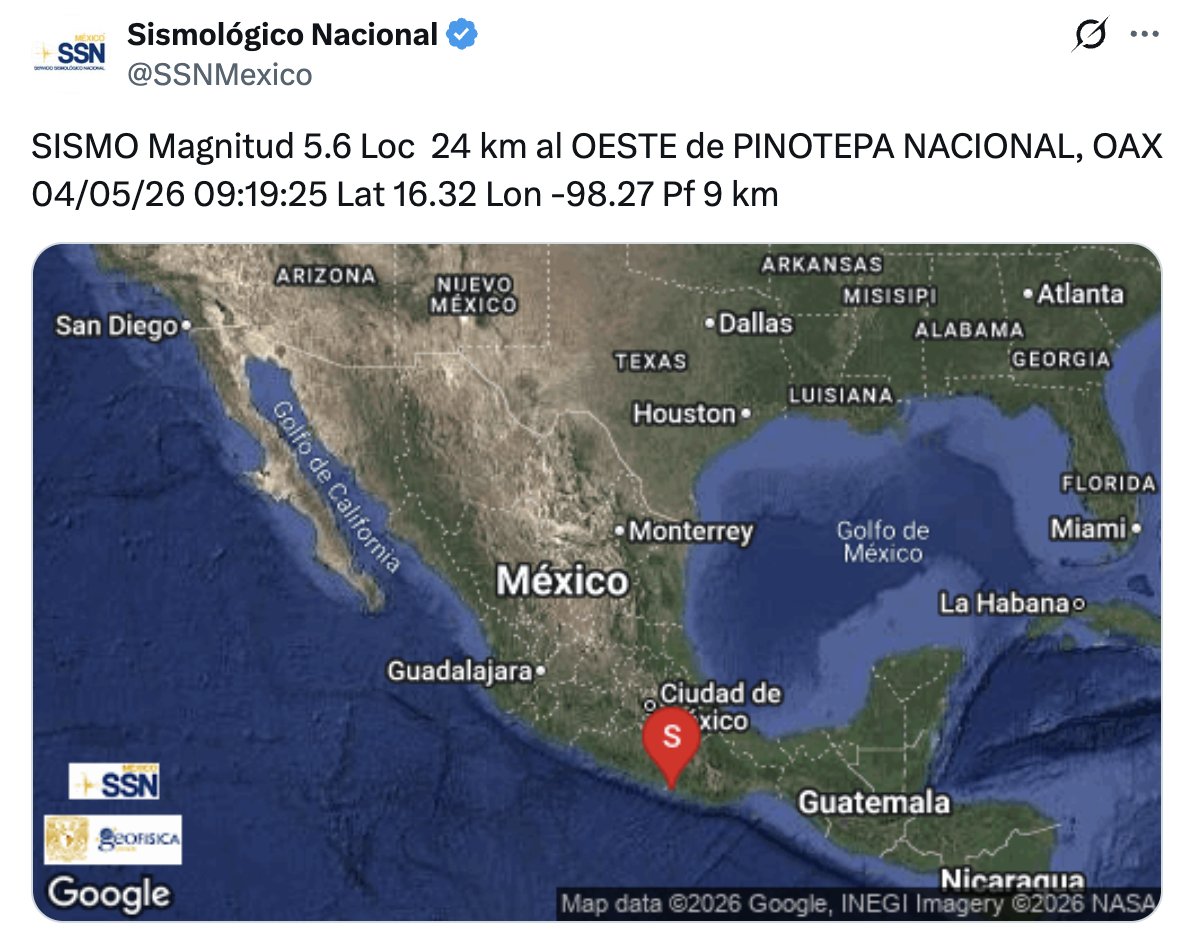 lasillarota's tweet image. #Actualización | El Servicio Sismológico Nacional ajustó la magnitud del temblor de este lunes a 5.6 con epicentro a 24 kilómetros al oeste de Pinotepa Nacional, #Oaxaca.