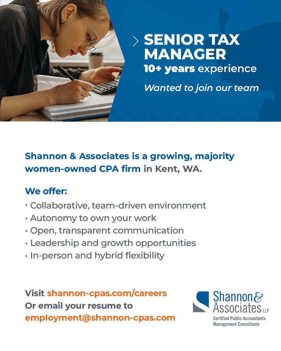 ShannonCPAs's tweet image. We’re Hiring a Senior Tax Manager.

Ready to grow with a firm that’s moving forward?

We'd love to connect...

Visit buff.ly/OrOwsqB 

Or email employment@shannon-cpas.com

#ShannonCPAs #Careers