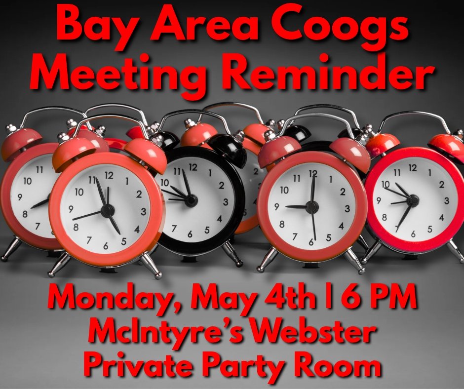 📢Bay Area Coogs📢
Quick reminder, we are meeting tonight to get things rolling for our annual fundraiser/meeting. 
📅 Tonight, Mon. May 4th
⏰ 6:00 PM
️📍McIntyre's Webster - Private Party Room
<a href="/BayAreaCoogs/">Houston Bay Area Coogs</a> <a href="/houstonalumni/">University of Houston Alumni</a> <a href="/UHouston/">University of Houston</a> <a href="/UHCougars/">Houston Athletics</a>