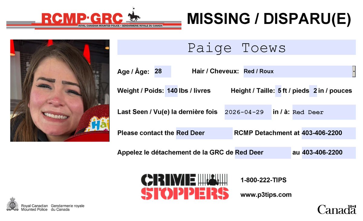 RCMPAlberta's tweet image. #Missing: Paige Toews, 28, #RedDeer.