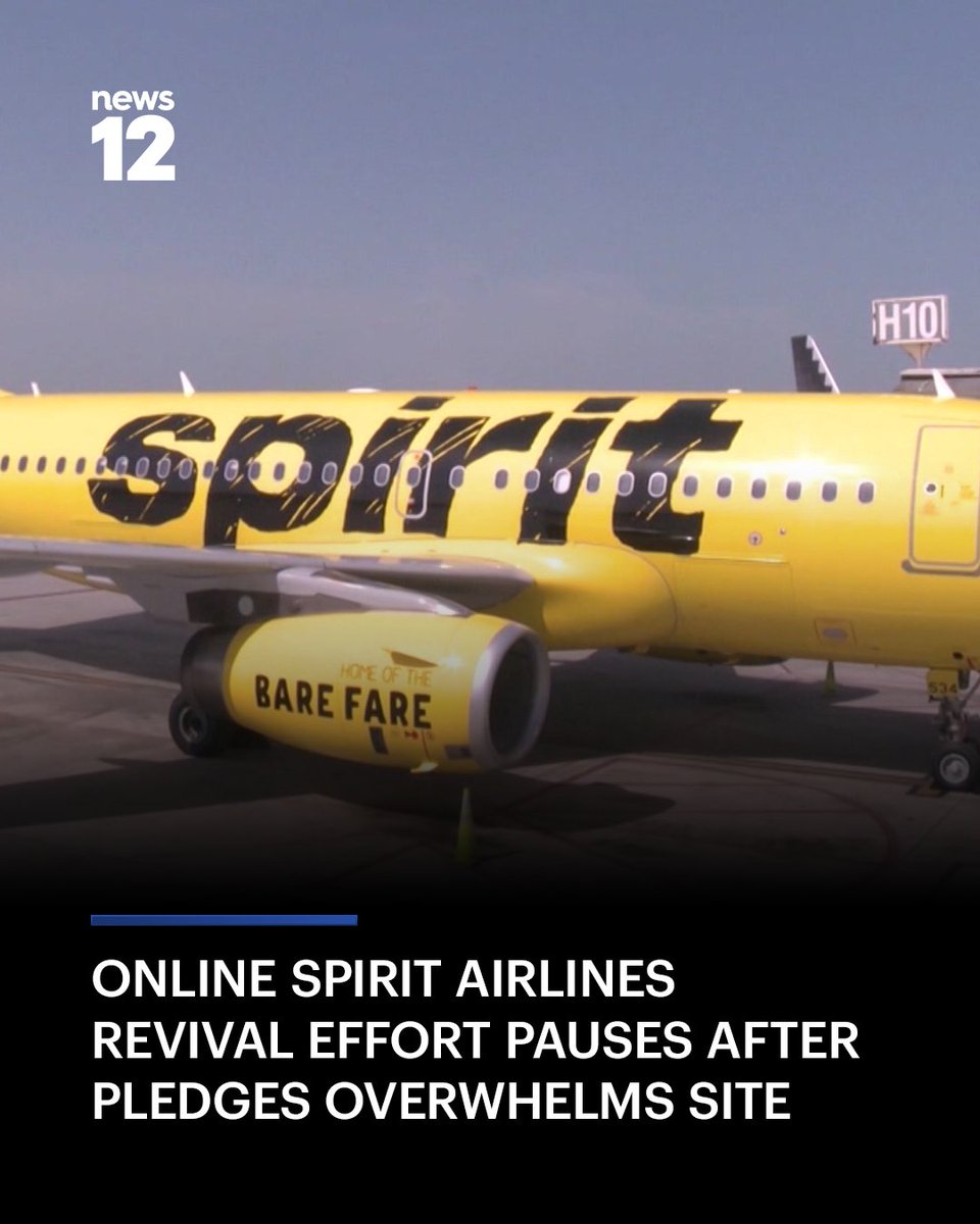 News12's tweet image. AIRLINE REVIVAL: An online campaign proposing a community‑owned revival of Spirit Airlines temporarily paused new pledges after a surge of activity overwhelmed its website, organizers say. 

bit.ly/42MiTw8

 #News12 #Transportation #SpiritAirlines #Travel