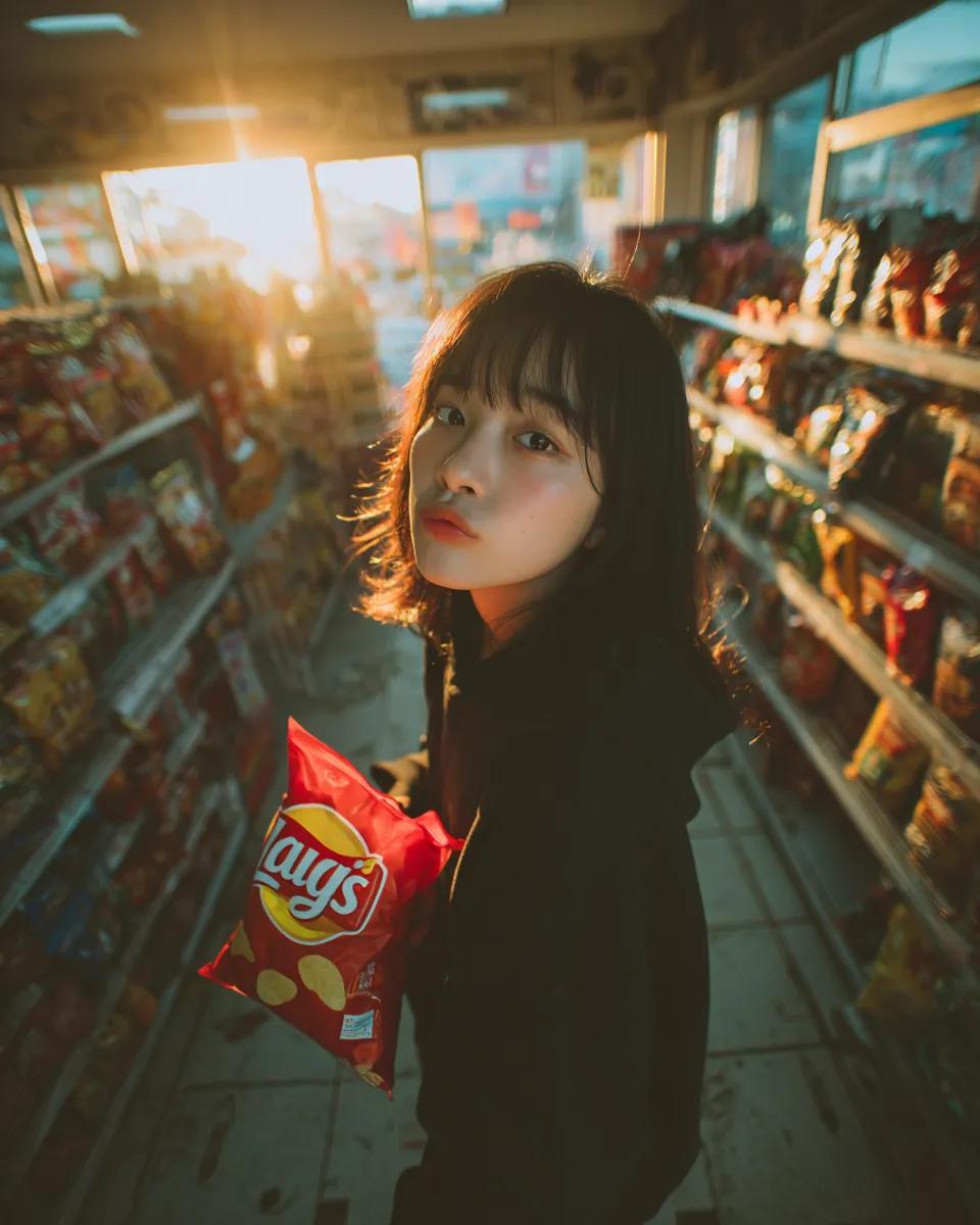 A young girl inside a convenience store, top-down angle shot, slightly wide pers