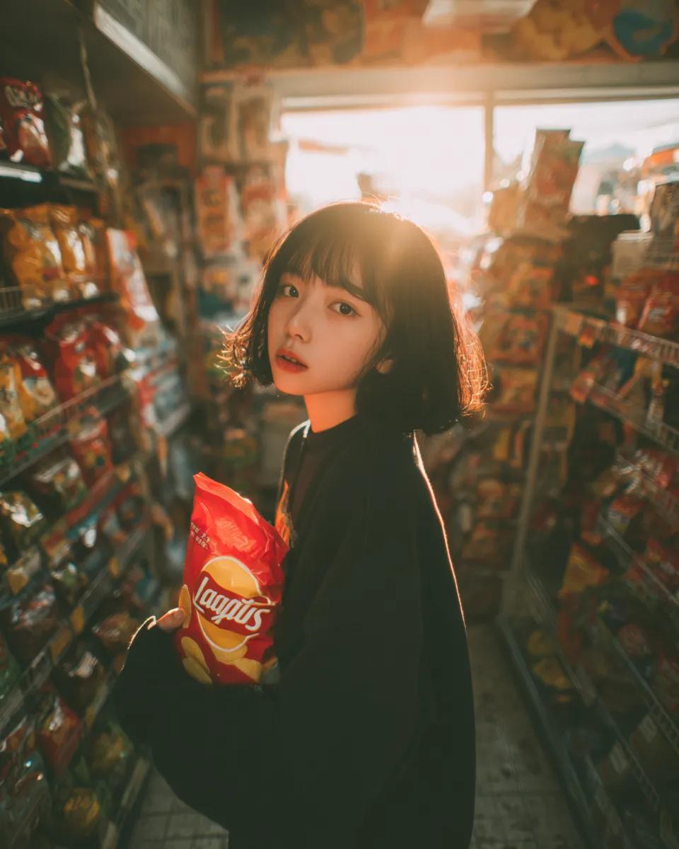 A young girl inside a convenience store, top-down angle shot, slightly wide pers