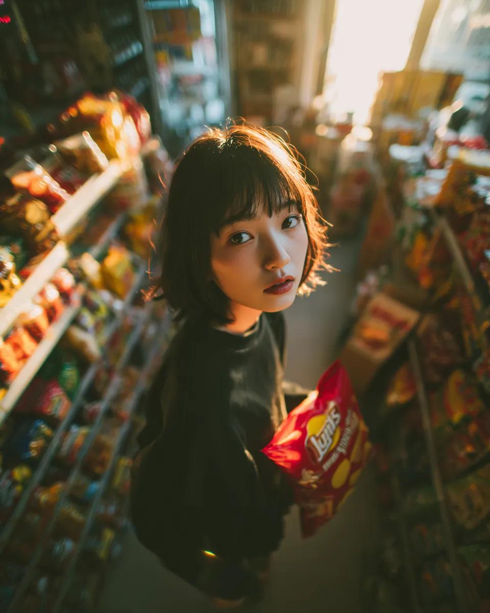 A young girl inside a convenience store, top-down angle shot, slightly wide pers