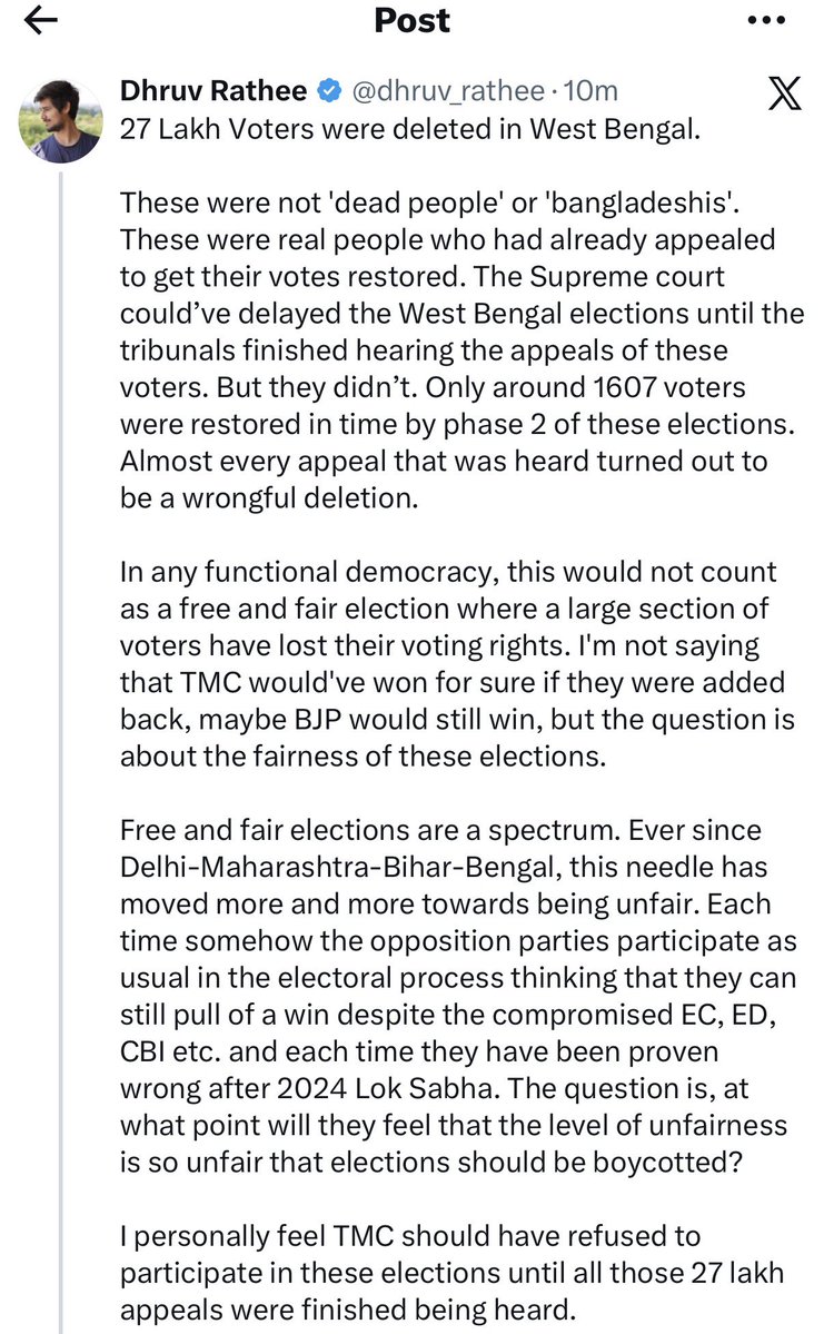 AnkurSingh's tweet image. Free and Fair elections happened only in 2021 and 2017 in Bengal.

When TMC Goons used to attack and kil BJP workers campaigning, threaten Public, apply scent on BJP symbol, TMC workers used to accompany voters, Bangladeshi illegal migrants used to vote.

Just because all these