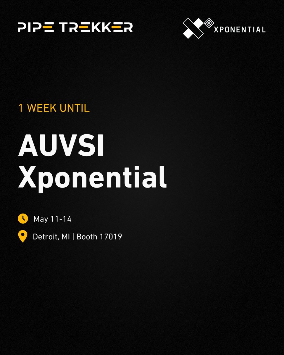 PipeTrekker's tweet photo. 1 week to go until AUVSI @XPONENTIALshow 🚀

Join Deep Trekker &amp; Pipe Trekker in Detroit from May 11–14 at Booth 17019.

Still haven’t seen our new unit SPECTRA? This is your chance, stop by and check it out in person.

#DeepTrekker #PipeTrekker #ROV #Crawler #AUVSI #SPECTRA https://t.co/GpTpwm9ThK