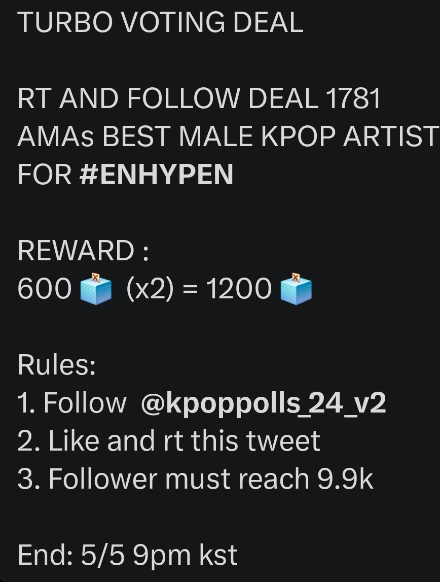 enhasserabits's tweet photo. ENGENEs, tomorrow is the final Turbo Tuesday for the AMA voting, and I have one last deal that needs your help!

Please like and RT this post, and make sure to follow @kpoppolls_24_v2. The host needs to reach 9.9k followers, and we need 180 proofs below! https://t.co/ICNxVBShzn