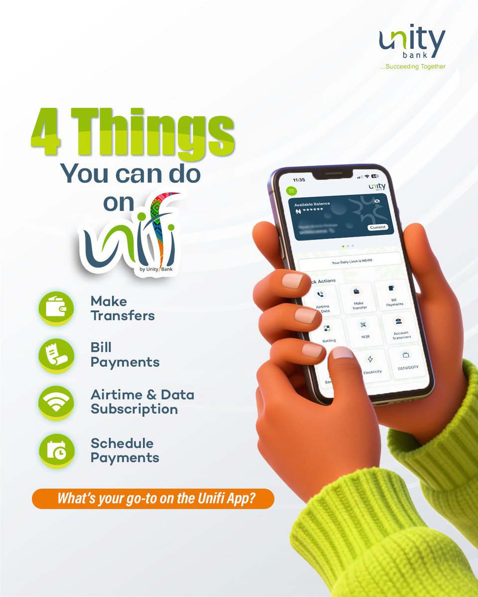UnityBankPlc's tweet photo. With the Unifi App, your essential daily tasks are just a few taps away. Stay on top of your bills and keep your data topped up effortlessly.

The Unifi app is available for download on Google Store and App Store. 

#UnifiByUnityBank #SucceedingTogether https://t.co/tubsFMGIru