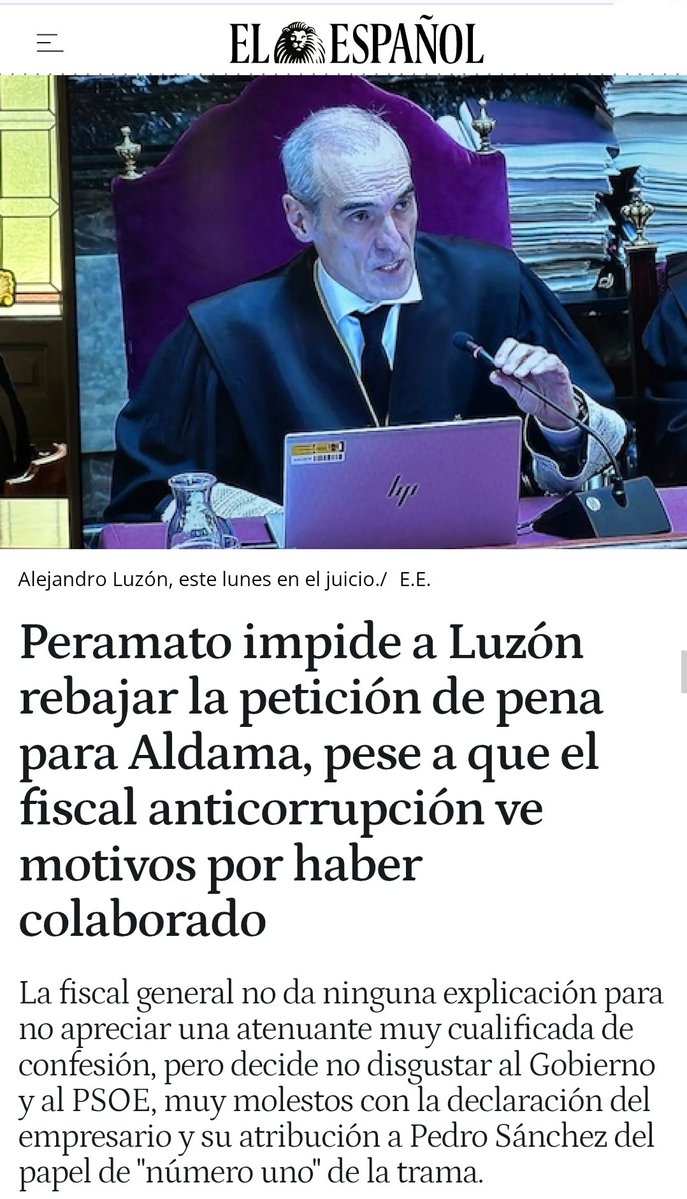 JUICIO A LAS MASCARILLAS... Y OTRAS COSILLAS
DOÑA PERAMATONA 

‼️‼️ La fiscal general IMPIDE a Luzón rebajar la petición de pena para Aldama, pese a que el fiscal anticorrupción ve motivos por haber colaborado.

Peramato no da ninguna explicación pero nosotros ya la conocemos de