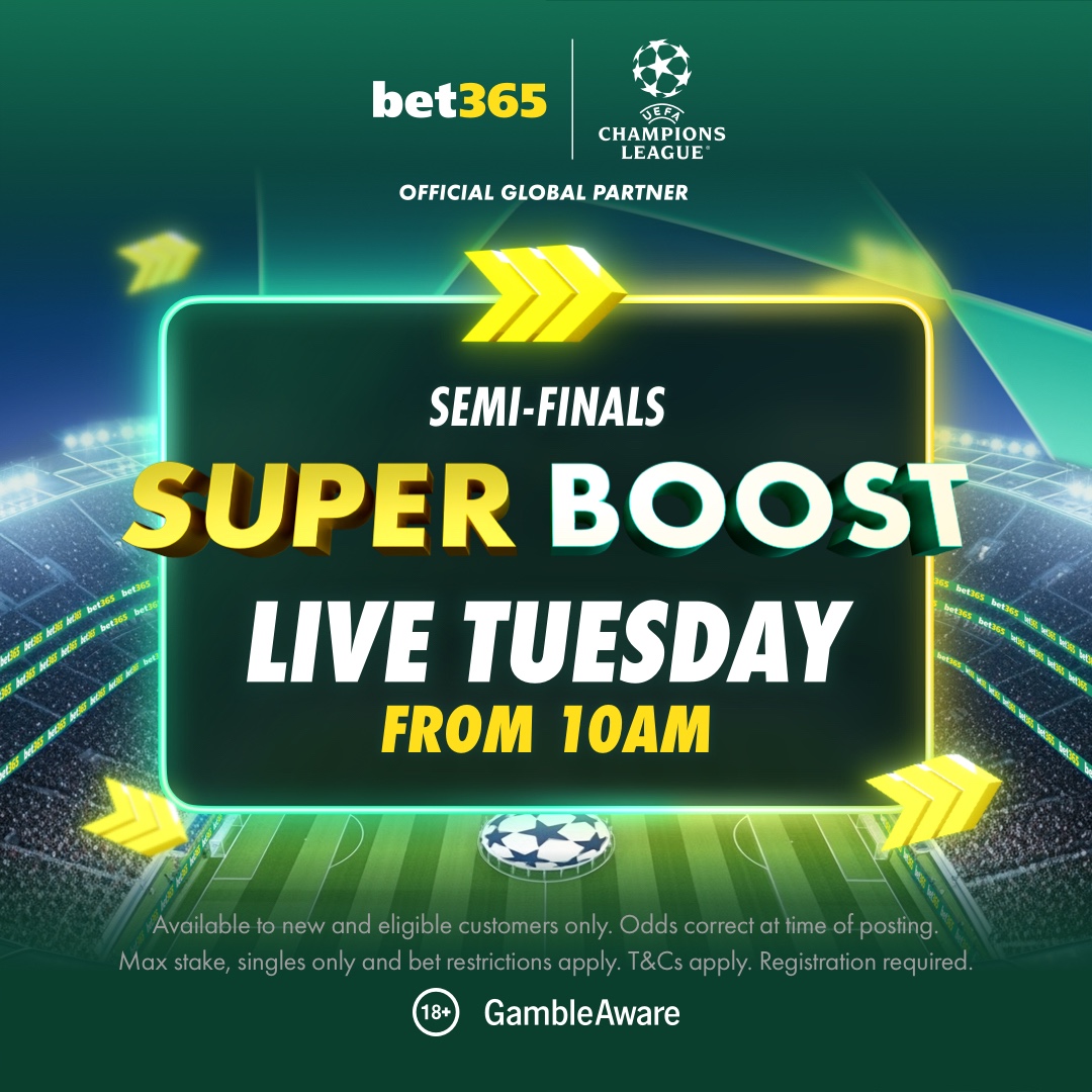 bet365's tweet photo. Our #UCL Super Boost will be 𝗟𝗜𝗩𝗘 on Tuesday at 10am! ⚡️