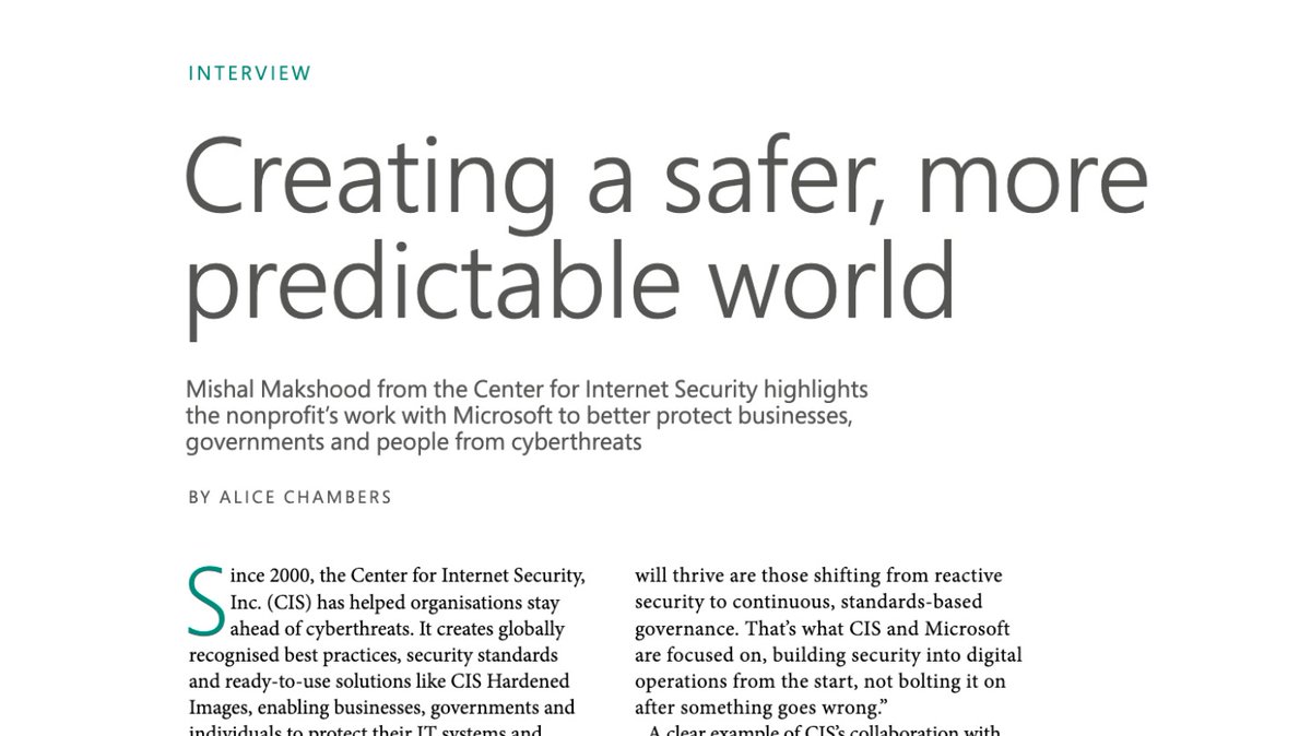 CISecurity's tweet photo. Cybersecurity is a collective effort. In a recent Technology Record feature, CIS highlights how alignment across the Azure ecosystem helps turn best practices into real security outcomes.